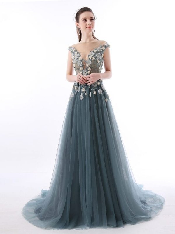 Sheer Plunging Neckline Applique Tulle Beaded Lace Prom Dress