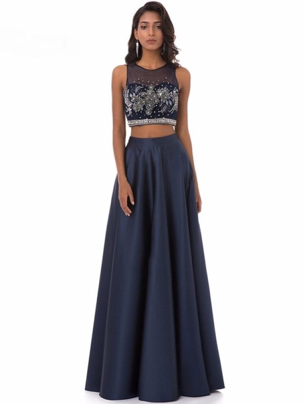 A Line Two Pieces Sleeveless See Through Long Evening Prom Dress in Homecoming Court Dresses