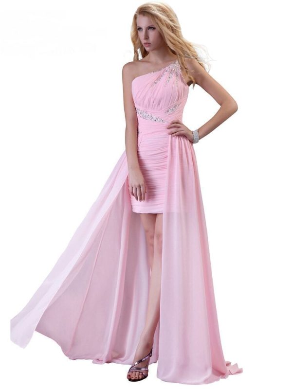 Elegant One Shoulder Pink Short Front Long Back Chiffon Bridesmaid Dress