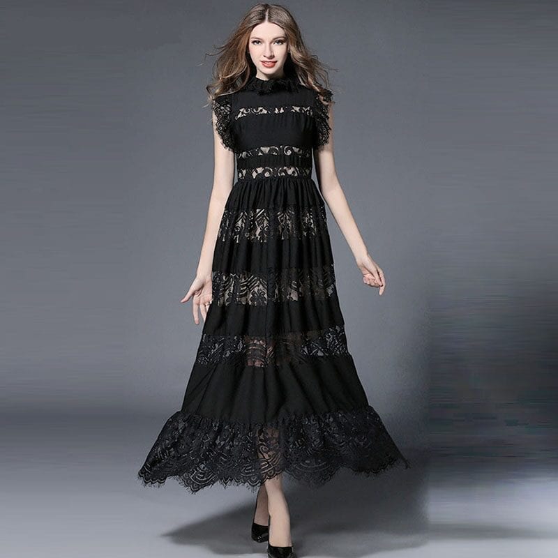 Elegant Black See-through Eyelash Lace Maxi Dress
