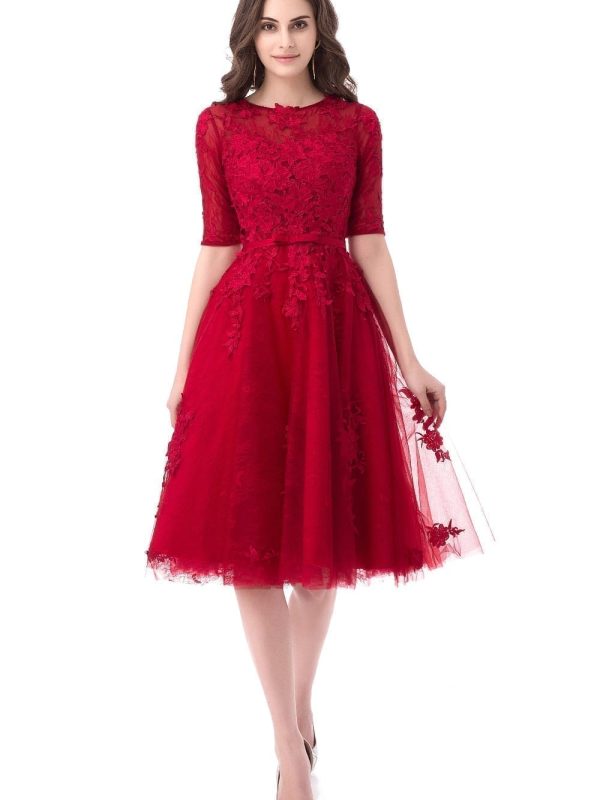 A-line Lace Appliques Half Sleeves Elegant Short Evening Dress