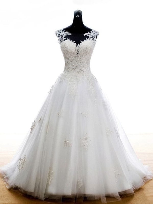 Boho Lace Appliques Court Train White Wedding Dress