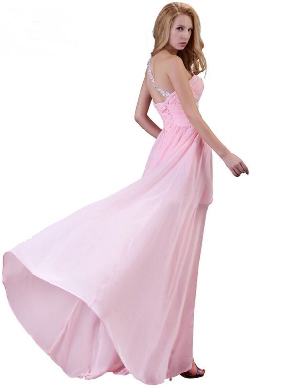 Elegant One Shoulder Pink Short Front Long Back Chiffon Bridesmaid Dress