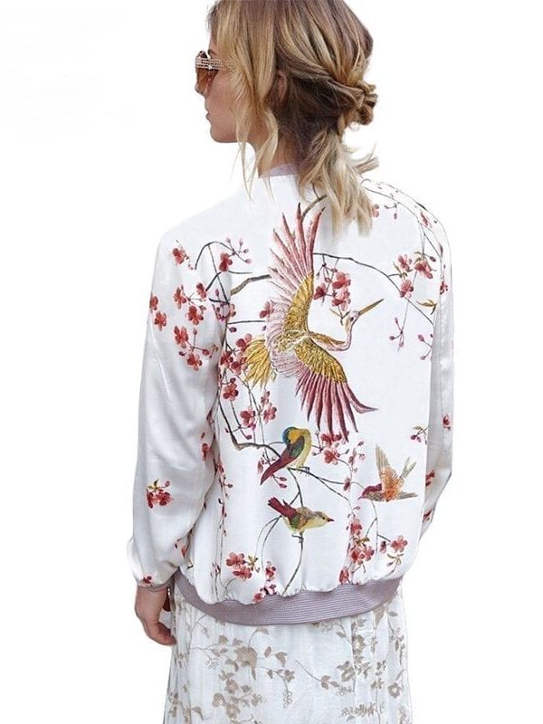 Stand Collar Zipper Print White Bomber Jacket in Coats & Jackets