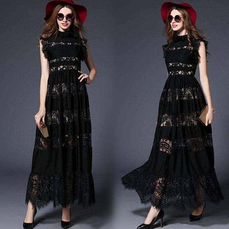 Elegant Black See-through Eyelash Lace Maxi Dress