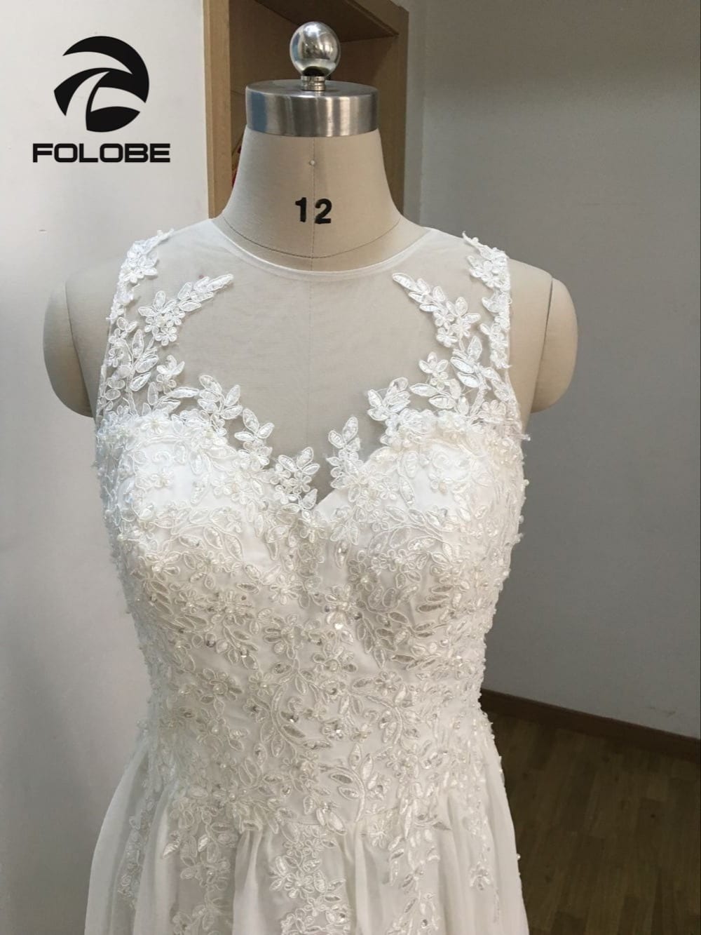 White/ivory Sheer Neck Chiffon A-line Wedding Dress