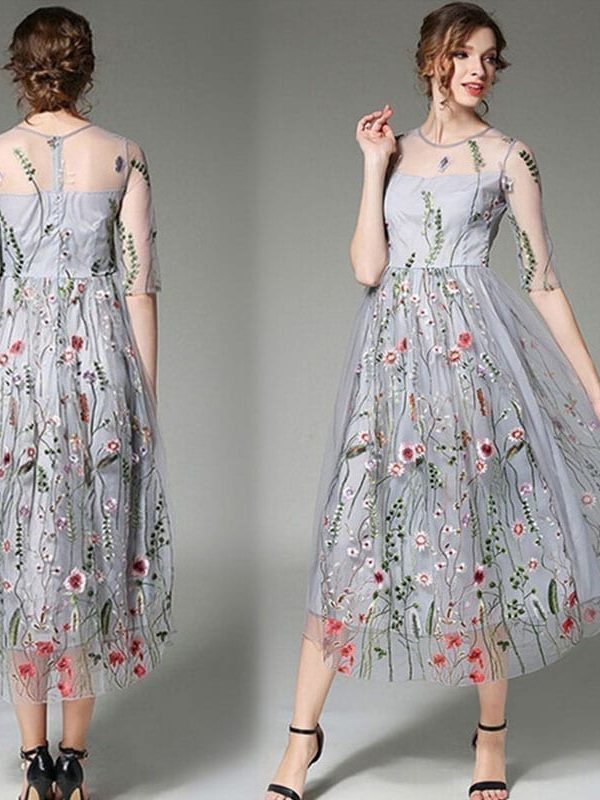 Floral Embroidered Mesh See Through A-line Midi Dress