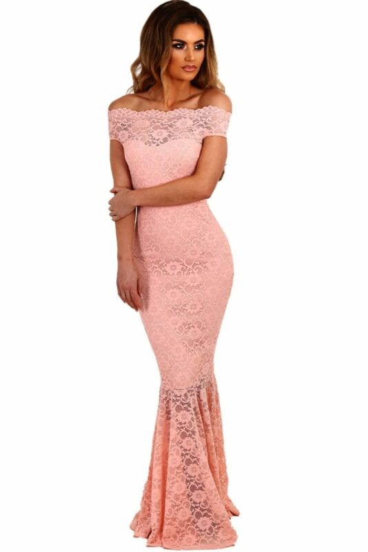 Pink Lace Off Shoulder Hollow Out Maxi Dress – Beauty and fashion