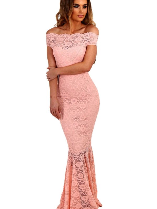 Pink Lace Off Shoulder Hollow Out Maxi Dress
