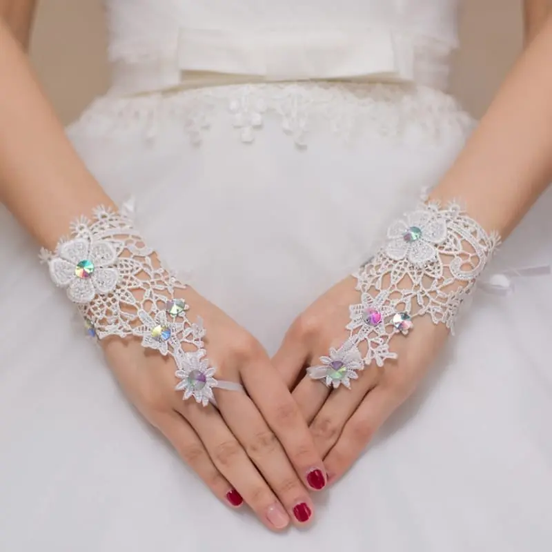Fingerless Short Lace Beaded Crystal Wedding Gloves