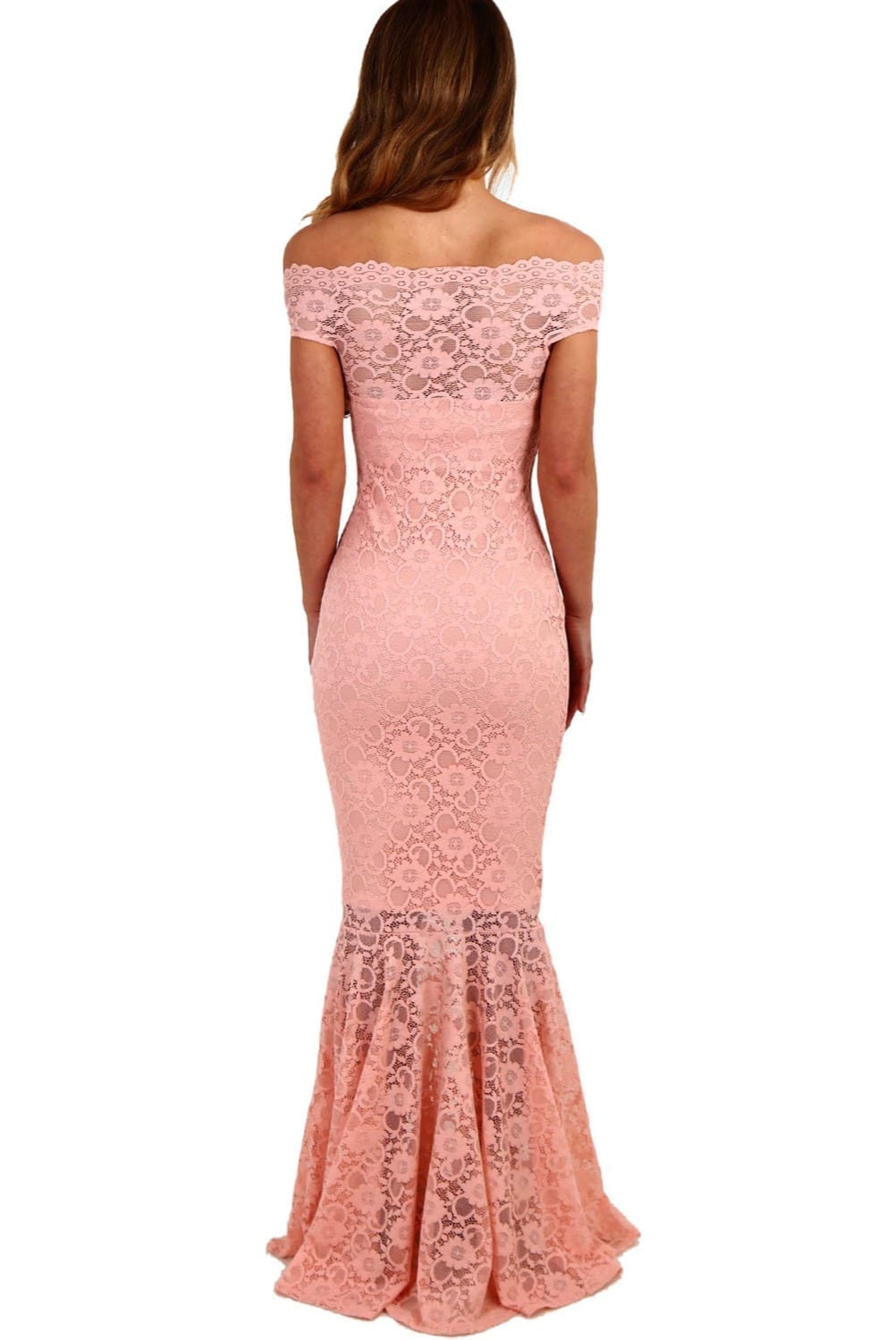 Pink Lace Off Shoulder Hollow Out Maxi Dress
