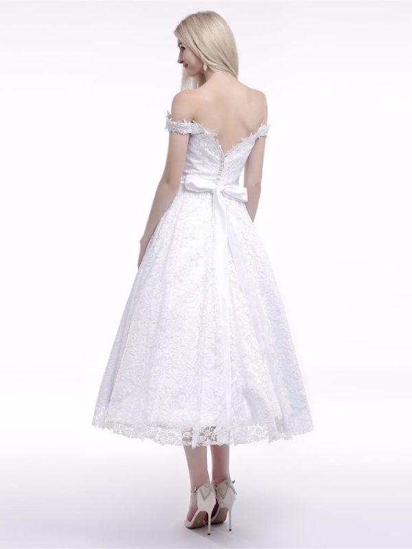 Tea Length Lace Off The Shoulder Wedding Dress