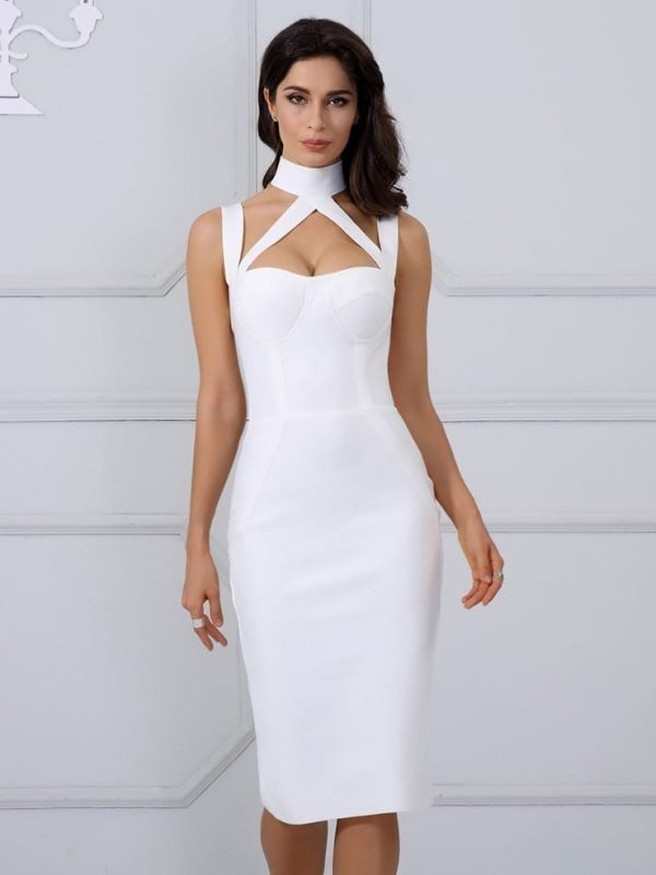 Elegant White Halter Straps Backless Hollow Out Party Bandage Dress