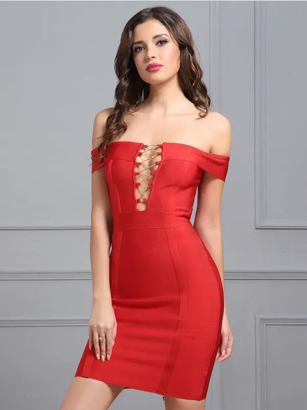 Slash-neck Cut Out Cross Chain Short Sleeve Red Bodycon Dress