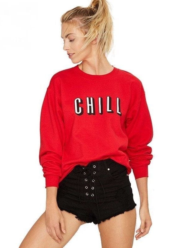 Red Brief Letters Print Loose Long Sleeve Crew Neck Pullover Sweatshirt