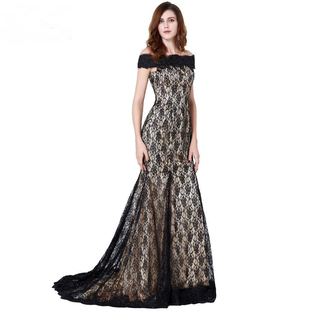 Boat Neck Lace Floor Length Mother Of The Bride Black Dress