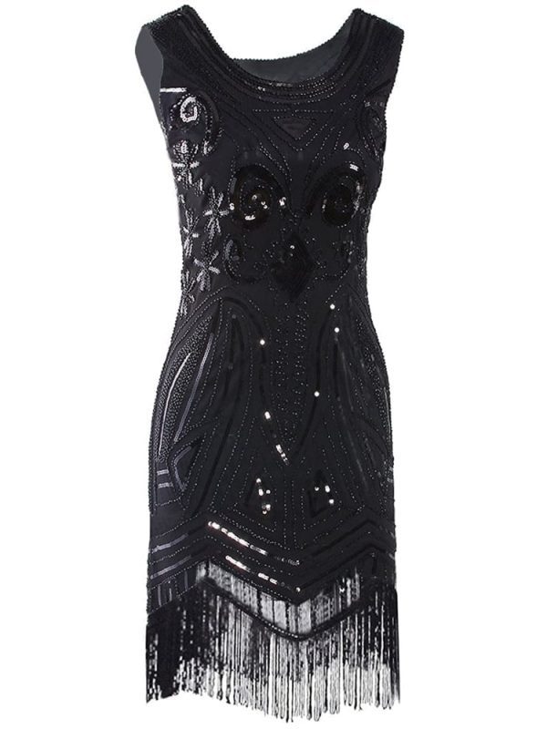 Vintage Great Gatsby Beaded Fringed Sequin Black Midi Dress