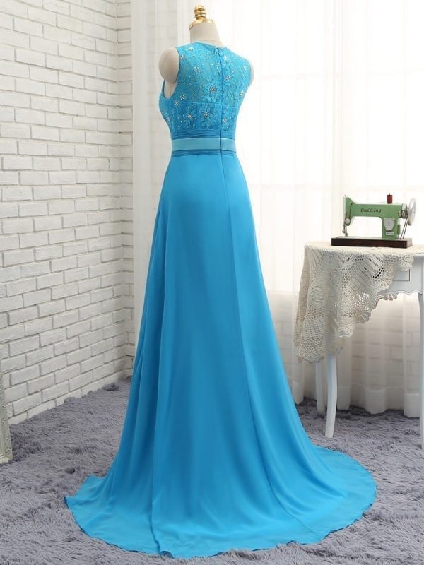 Blue A-line High Collar Chiffon Lace Beaded Long Bridesmaid Dress in Bridesmaid dresses