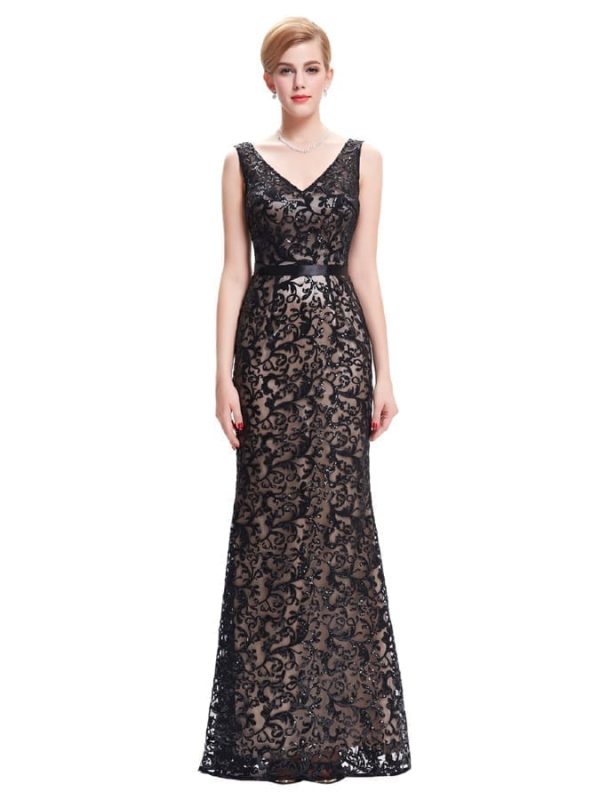 Double V Neck Beaded Lace Mother Of The Bride Black Dress
