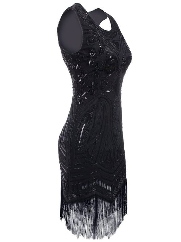 Vintage Great Gatsby Beaded Fringed Sequin Black Midi Dress