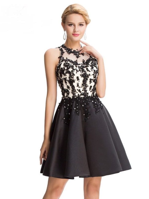 Black Satin Appliques Beading Elegant Knee Length Short Prom Dress