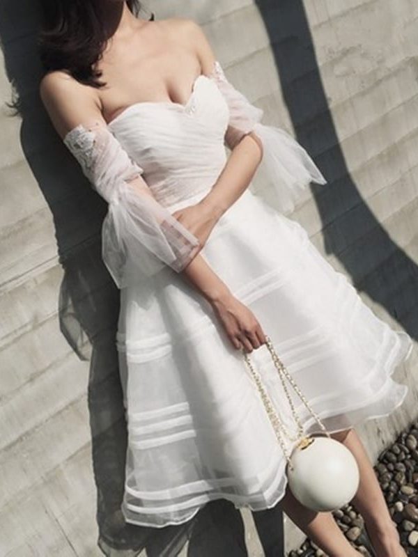 Half Sleeve Sweetheart White Backless Appliques With Beading Beach A-line Short Wedding Dress