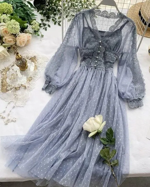 Lace Floral V-neck Long Sleeve Polka Dot Dress
