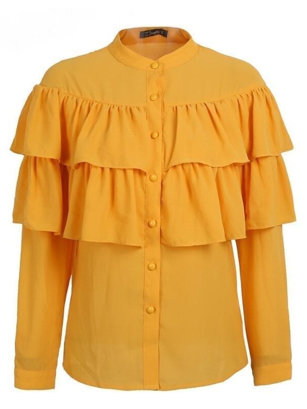 Elegant Ruffles Long Sleeve Yellow Blouse Shirt