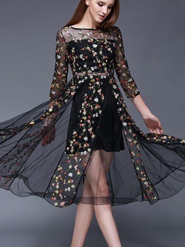 Lace Embroidery Flower Black Dress
