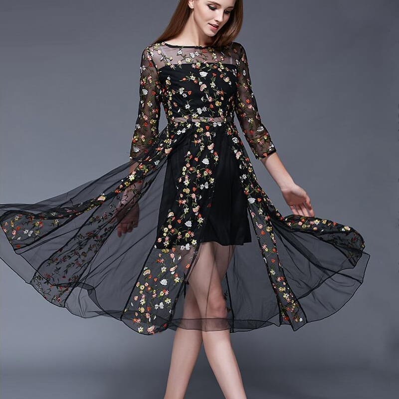 Lace Embroidery Flower Black Dress | Uniqistic.com
