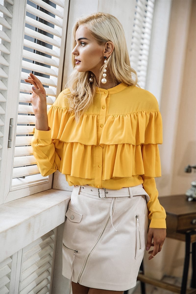 Elegant Ruffles Long Sleeve Yellow Blouse Shirt | Uniqistic.com