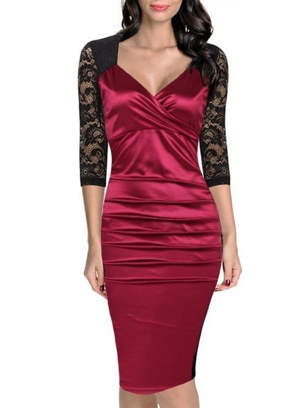 Patchwork Lace Half-Sleeve V-Neck Sheath Evening Bodycon Party Dress in Bodycon Dress