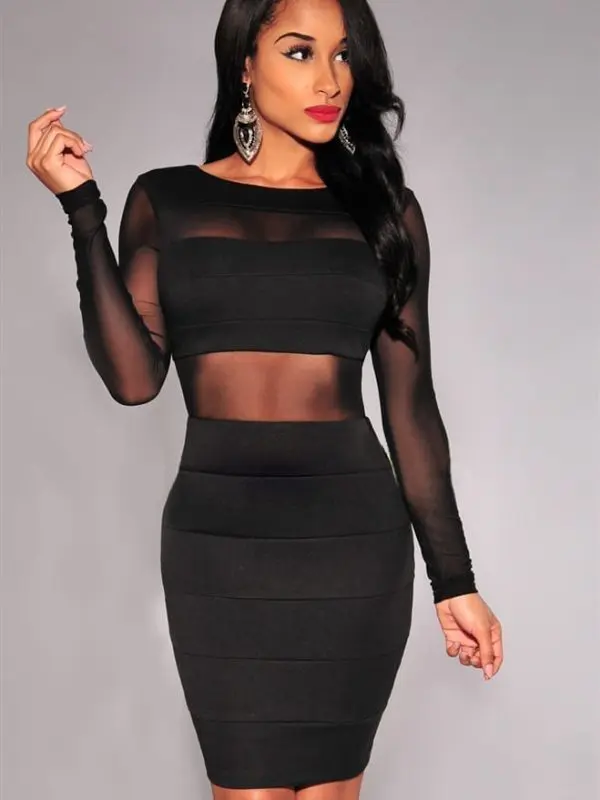 Black White Long Sleeve Mesh Patchwork Hollow Out Pencil Bodycon Dress
