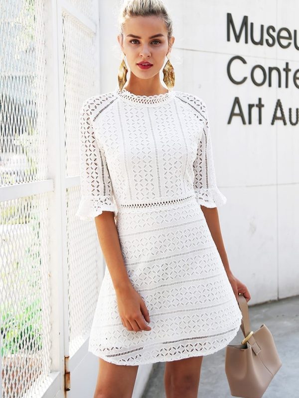Vintage Hollow Out Lace White Dress