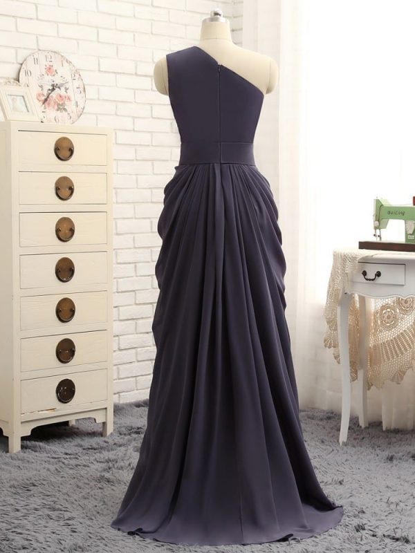 A-Line One-Shoulder Gray Chiffon Pleated Long Bridesmaid Dress in Bridesmaid dresses
