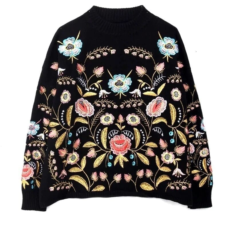 Round Collar Flowers Embroidery Long Sleeve Sweater | Uniqistic.com