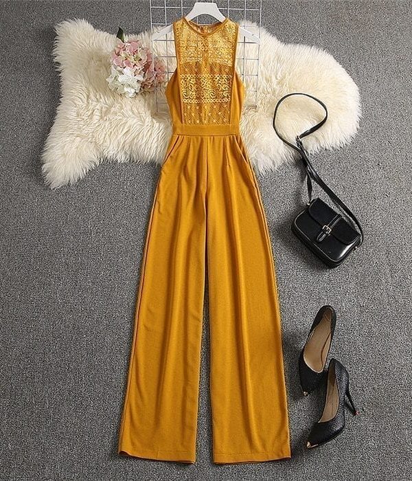 Lace High Waist Yellow Elegant Jumpsuit in Jumpsuits & Rompers