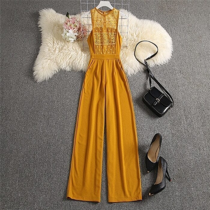 Lace High Waist Yellow Elegant Jumpsuit