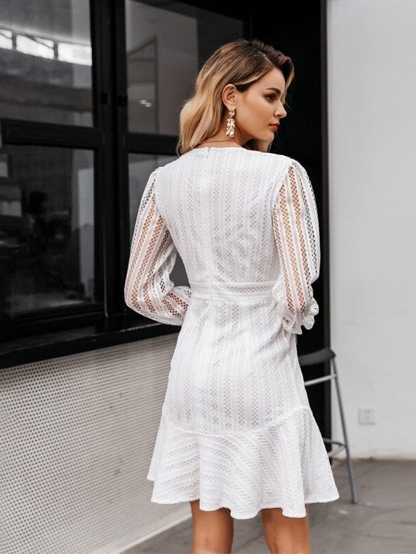 Elegant V-neck Geometric Hollow Out White Dress