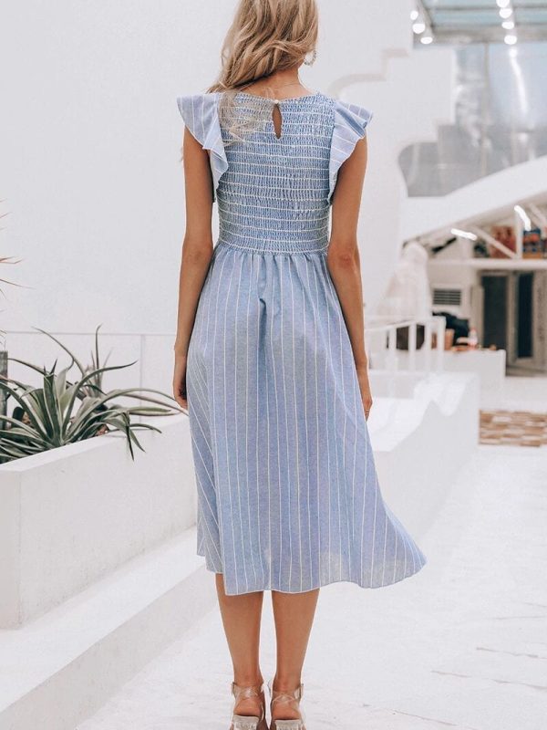 Vintage Ruffles Blue Striped Elegant Dress