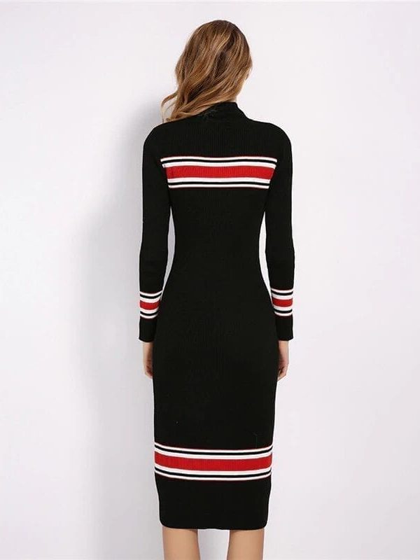 Black Stand Collar Striped Knitted Bodycon Dress