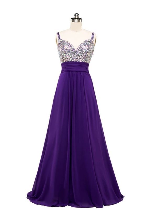 Spaghetti Rhinestones Beaded Bling Bling Purple Chiffon Long Bridesmaid Dress in Bridesmaid dresses