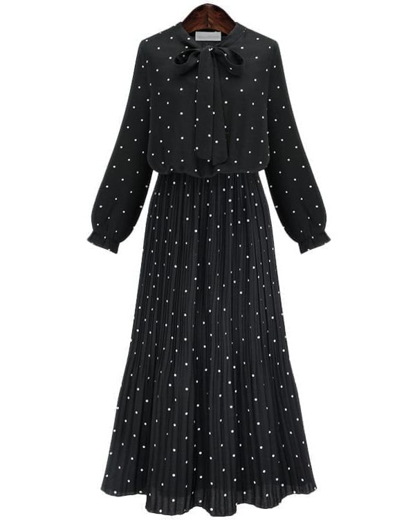 Round Neck Long Sleeve Solid Black Chiffon Dot Loose Dress