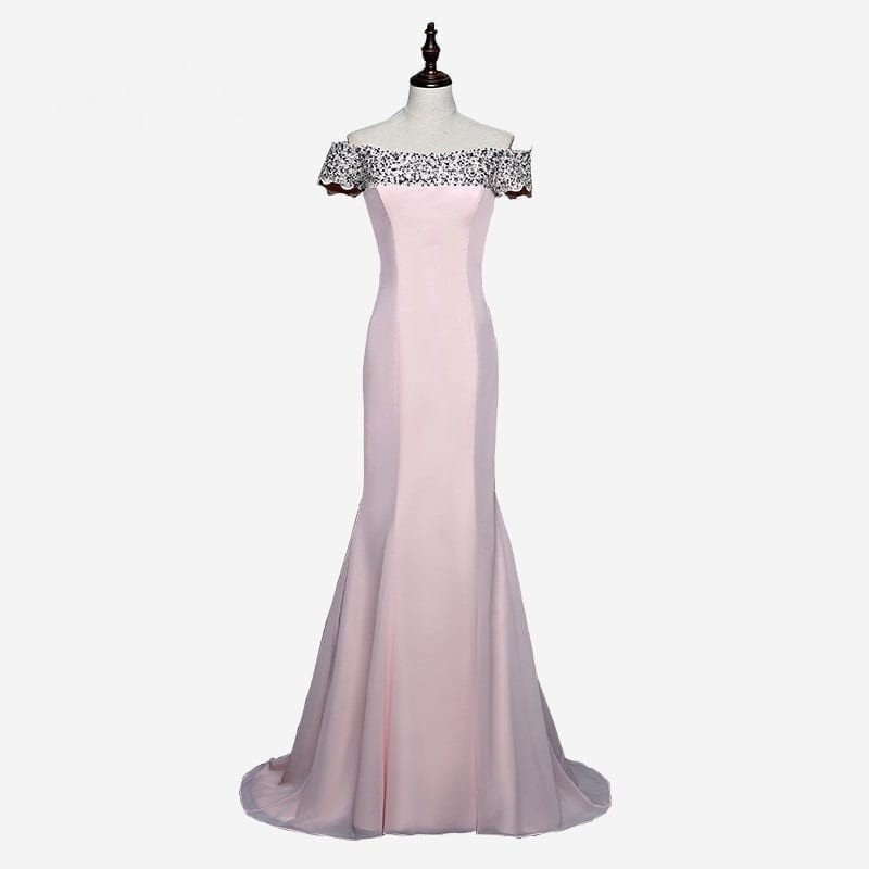 Elegant Short Sleeves Pink Beaded Mermaid Long Bridesmaid Dress