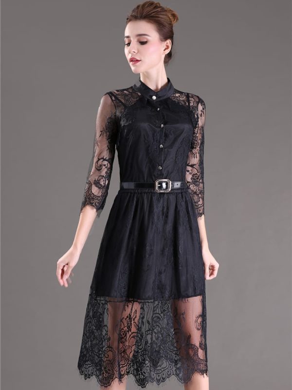 Hollow Out Half Sleeve Elastic Waist Floral Crochet Black Lace Dress