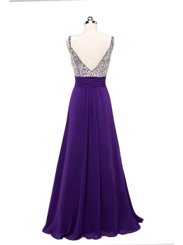 Spaghetti Rhinestones Beaded Bling Bling Purple Chiffon Long Bridesmaid Dress