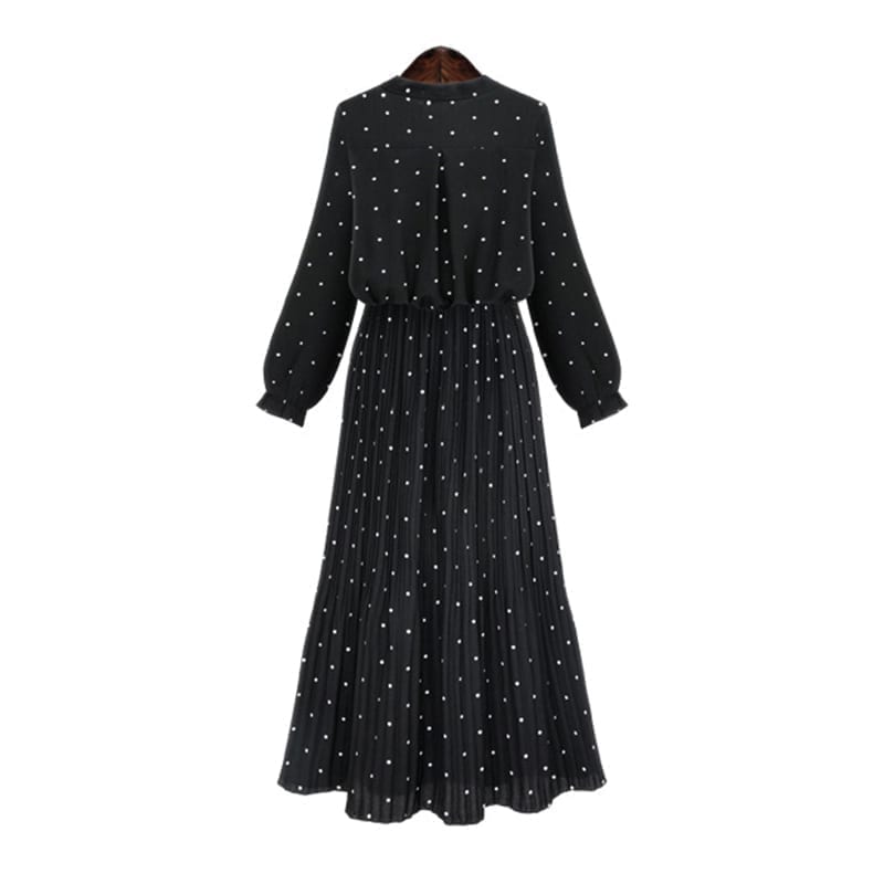 Round Neck Long Sleeve Solid Black Chiffon Dot Loose Dress