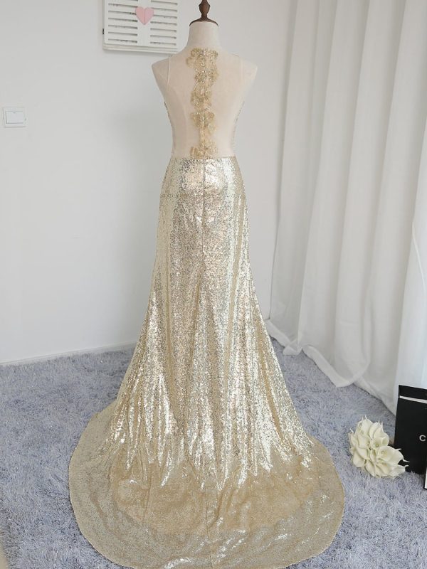 High Collar See Through Champagne Sequins Slit Mermaid Bridesmaid Dress in Bridesmaid dresses