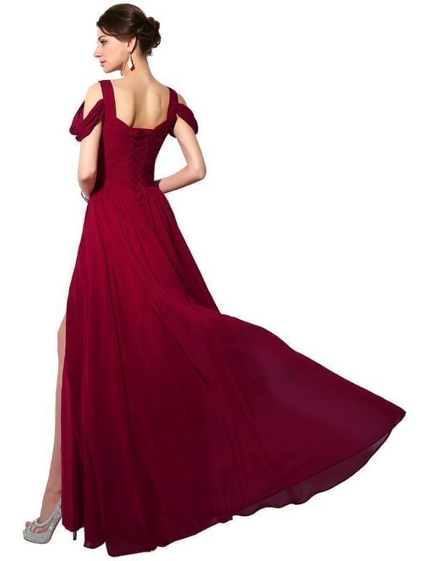 Burgundy Long Chiffon A-line Cap Sleeve Lace Up Back Slit Evening Party Bridesmaid Dress