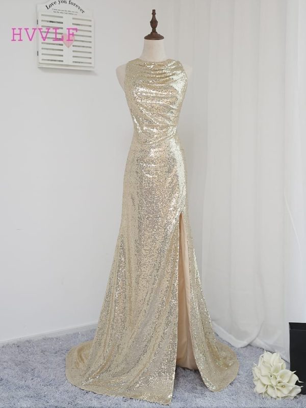 High Collar See Through Champagne Sequins Slit Mermaid Bridesmaid Dress